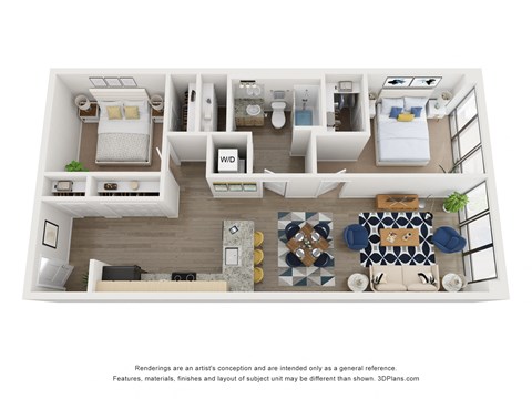 a stylized 3d floor plan with a bedroom and a living room